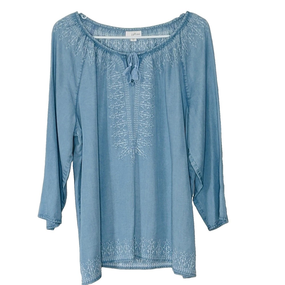 J Jill Denim Chambray Tunic Boho Peasant Top XL White Floral Embroidery Tassels